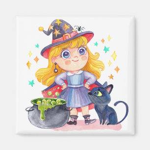 Cute little witch and black cat magnet