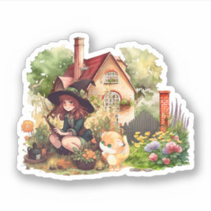 Cute Little Witch And Fox   Sticker