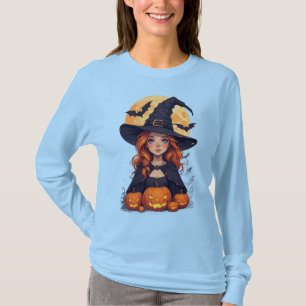Cute Little Witch Girl Pumpkin Bat Scene Style T-Shirt