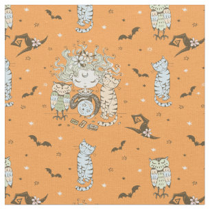 Cute Little Witch Girls With Bats Cats and Owls Fabric