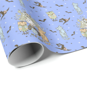 Cute Little Witch Girls With Bats Cats and Owls Wrapping Paper