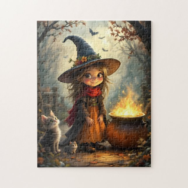 Cute little witch in forest with witch's cauldron jigsaw puzzle (Vertical)