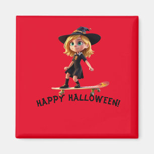 Cute little witch riding a skateboard magnet