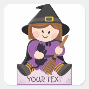 Cute little witch with broewn hair square sticker