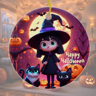 Cute little witch with cats and pumpkins, custom ceramic tree decoration