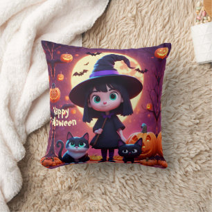 Cute little witch with cats and pumpkins, custom cushion