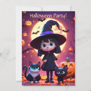 Cute little witch with cats and pumpkins, custom invitation