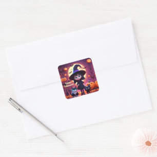 Cute little witch with cats and pumpkins, custom square sticker