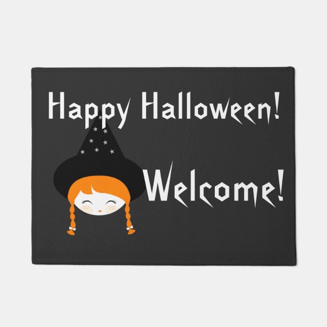 Cute Little Witch with Hat & Stars Doormat (Front)