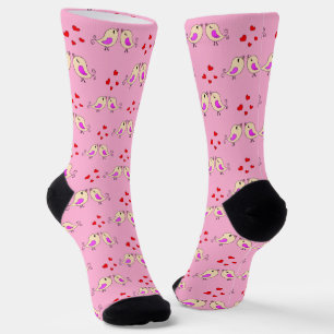 Cute Little Yellow Birds & Hearts on Light Pink Socks
