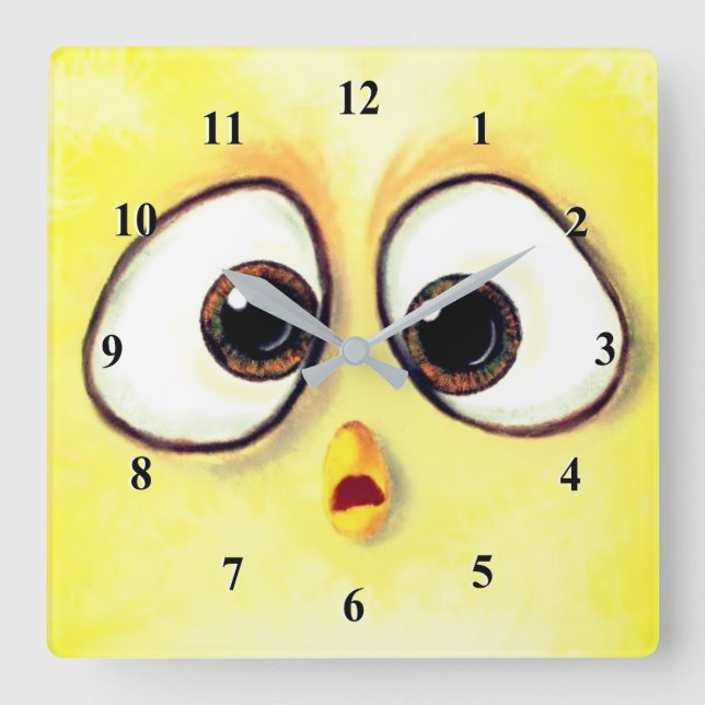 Cute Little Yellow Chicken Surprised Big Eyes Fun Square Wall Clock (Front)