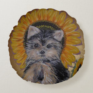 Cute Little Yorkie and Sunflowers Round Cushion