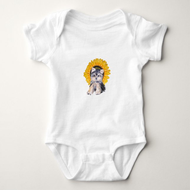 Cute little Yorkshire puppy dog & sunflower art Baby Bodysuit (Front)