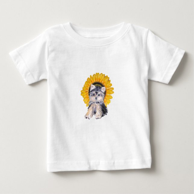 Cute little Yorkshire puppy dog & sunflower art Baby T-Shirt (Front)