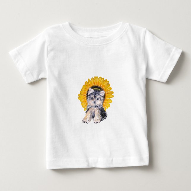 Cute little Yorkshire puppy dog & sunflower art Baby T-Shirt (Front)