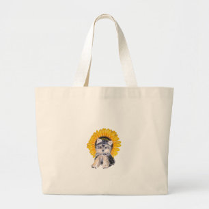 Cute little Yorkshire puppy dog & sunflower art Large Tote Bag