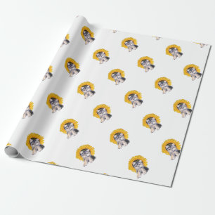Cute little Yorkshire puppy dog & sunflower art Wrapping Paper