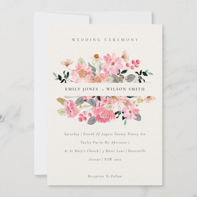 Cute Lively Pink Watercolor Floral Wedding Invite (Front)