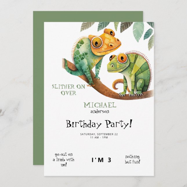 Cute Lizard Boy Birthday Party Invitation (Front/Back)