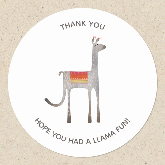 Cute Llama Alpaca Party Thank You Classic Round Sticker (Fun llama custom text thank you party stickers)