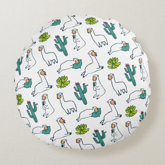 Cute Llama and Cactus Pattern Round Cushion (Front)