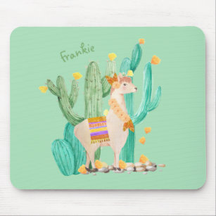 Cute Llama and Cactus Watercolor Mint Green Custom Mouse Pad