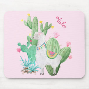 Cute Llama and Cactus Watercolor - Pastel Pink Mouse Pad