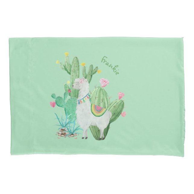 Cute Llama and Cactus Watercolor - Personalised Pillowcase (Front)