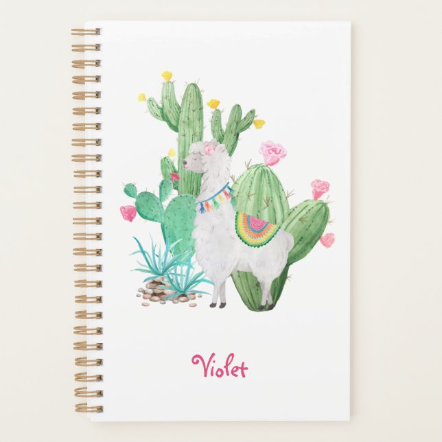 Cute Llama and Cactus Watercolor - White Custom Planner (Front)