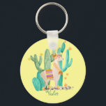 Cute Llama and Cactus with Flowers - Yellow Key Ring<br><div class="desc">Cute llama scene in watercolor, which you can personalise with your name or custom text. This pretty blonde llama has a flower and feathers in her hair, a matching garland and a traditional Peruvian saddle mat. She is standing in a flowering cactus garden with sweet yellow blooms and a pastel...</div>