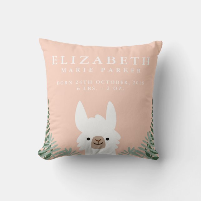 Cute Llama Birth Announcement Stats Nursery Pillow (Front)