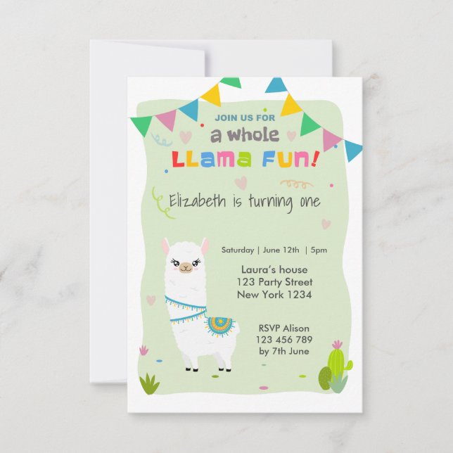 Cute Llama Birthday Invitation (Front)