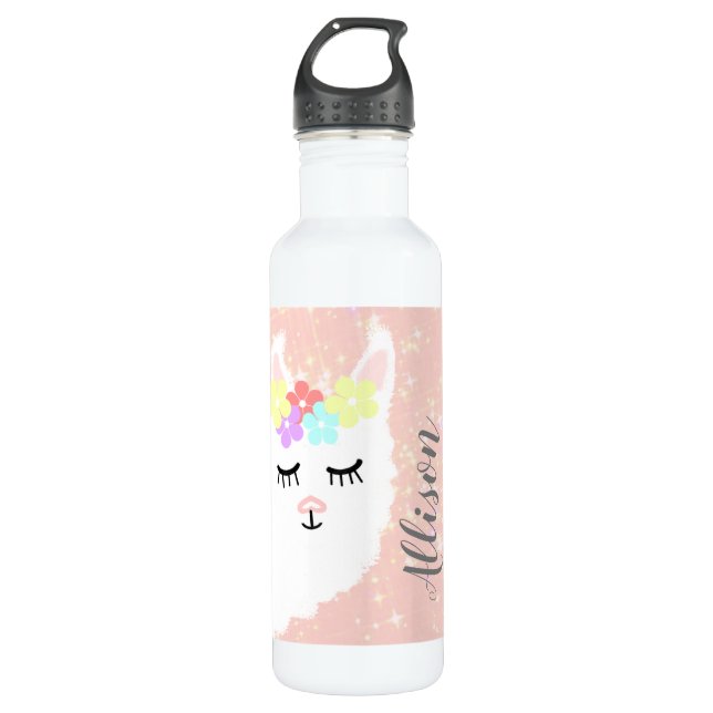 Cute Llama Blush Pink Floral Sparkle Stars 710 Ml Water Bottle (Front)