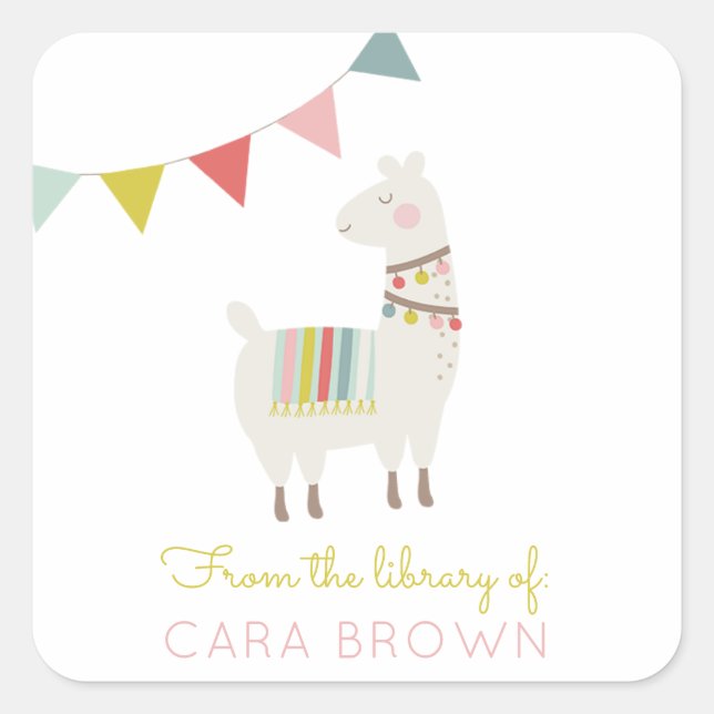 Cute Llama Bookplate | From the Library of Square Sticker (Front)