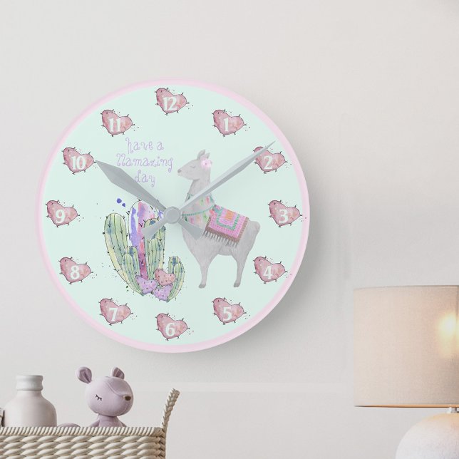 Cute Llama Cactus Hearts - Have a Llamazing Day Round Clock (Cute llama clock for the nursery or kids bedroom, wishing them a llamazing day)