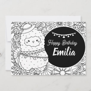 Cute Llama Cartoon Kids Birthday Floral Colouring Holiday Card