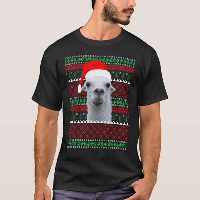 Cute Llama Christmas with Santa Hat T-Shirt (Front)