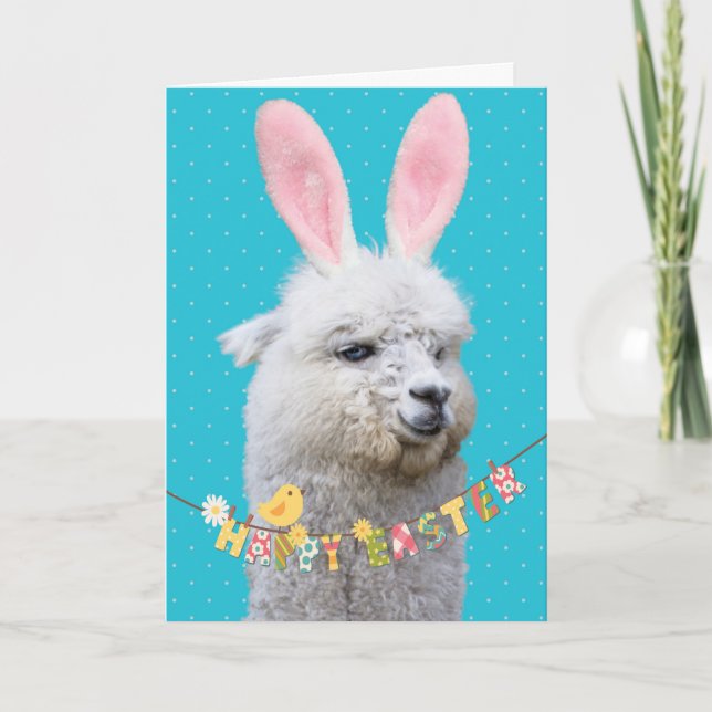 Cute Llama Easter Bunny Llamanated Easter Card (Front)