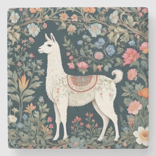 Cute Llama Elegant Floral Stone Coaster (Front)