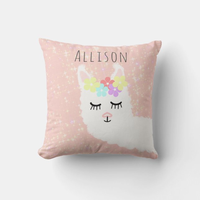Cute Llama Floral Blush Pink Stars Personalized Cushion (Front)