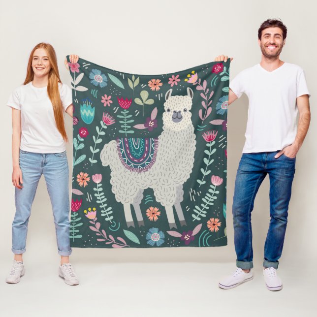 Cute Llama Floral Design Fleece Blanket (In Situ)