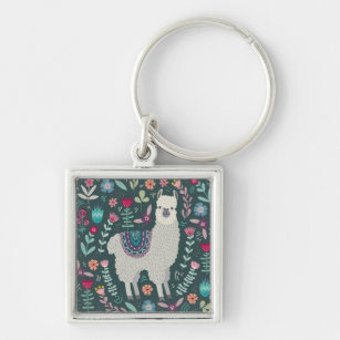 Cute Llama Floral Design Key Ring