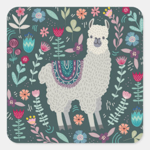 Cute Llama Floral Design Square Sticker