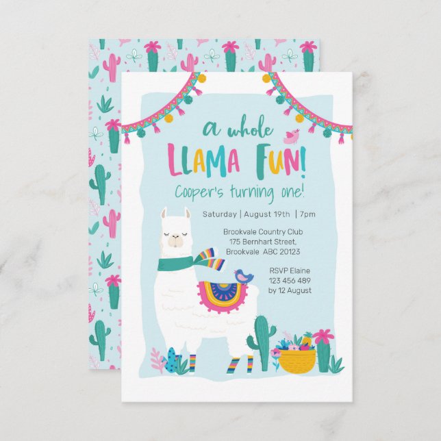 Cute Llama fun cactus Birthday Invitation (Front/Back)
