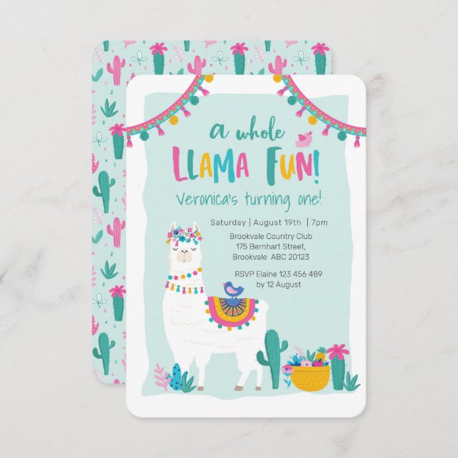Cute Llama fun cactus Birthday Invitation (Front/Back)