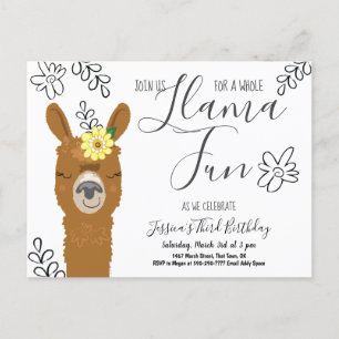 Cute Llama Fun Girls Birthday Party Invitation Postcard
