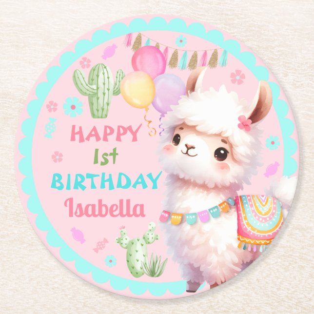 Cute Llama Fun Whimsical Colourful Girl Birthday Round Paper Coaster (Front)