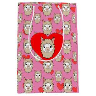 Cute Llama Head And Red Hearts Pink Background Medium Gift Bag