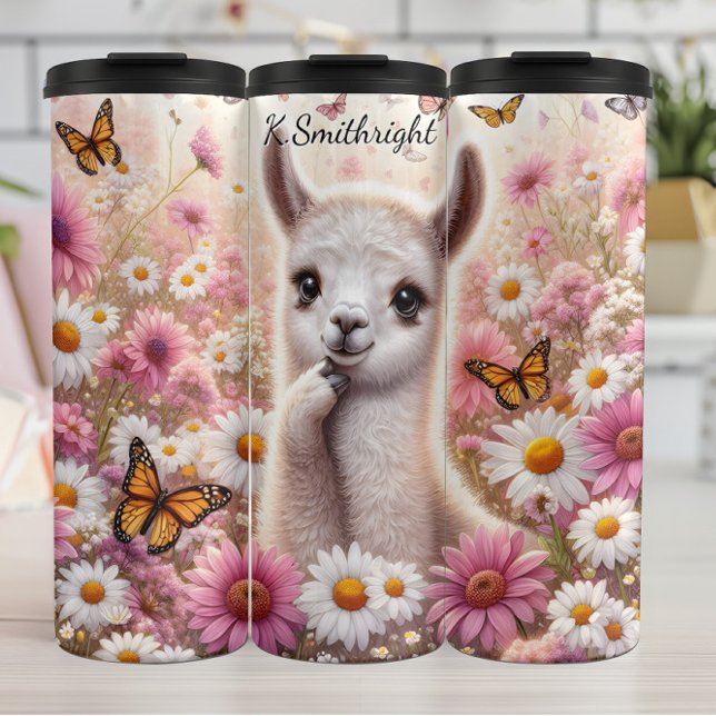 Cute Llama in Floral Meadow Butterflies Thermal Tumbler (Creator Uploaded)