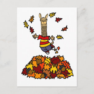 Cute Llama Jumping in Leaf Pile Cartoon Postcard